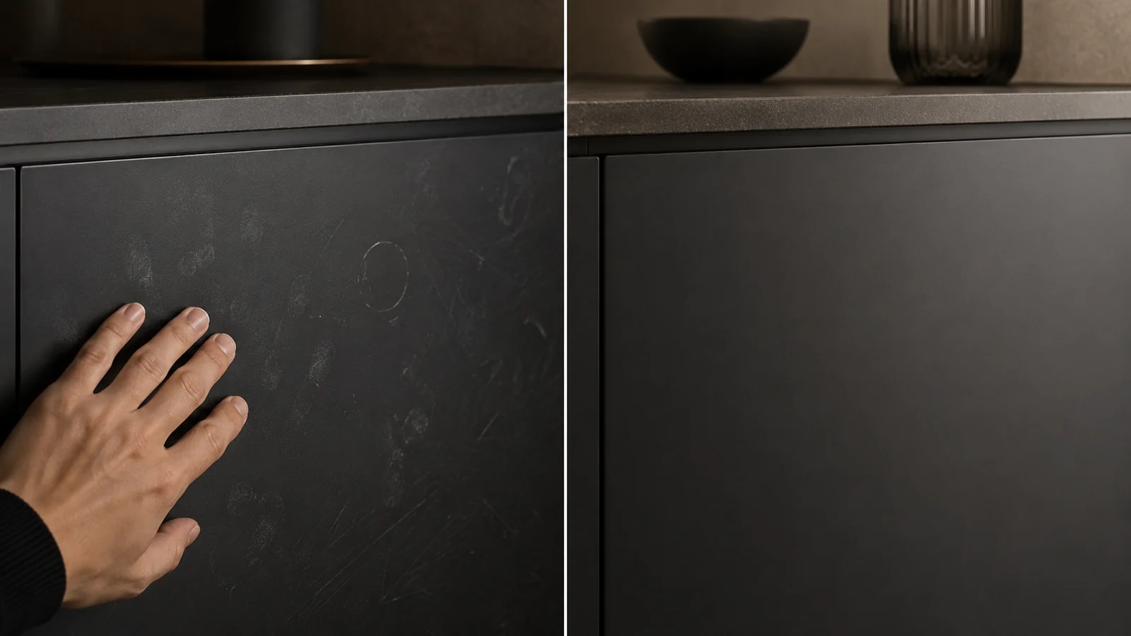Left: typical use marks on a standard matt front. Right: a clean and uniform extra-matt surface.